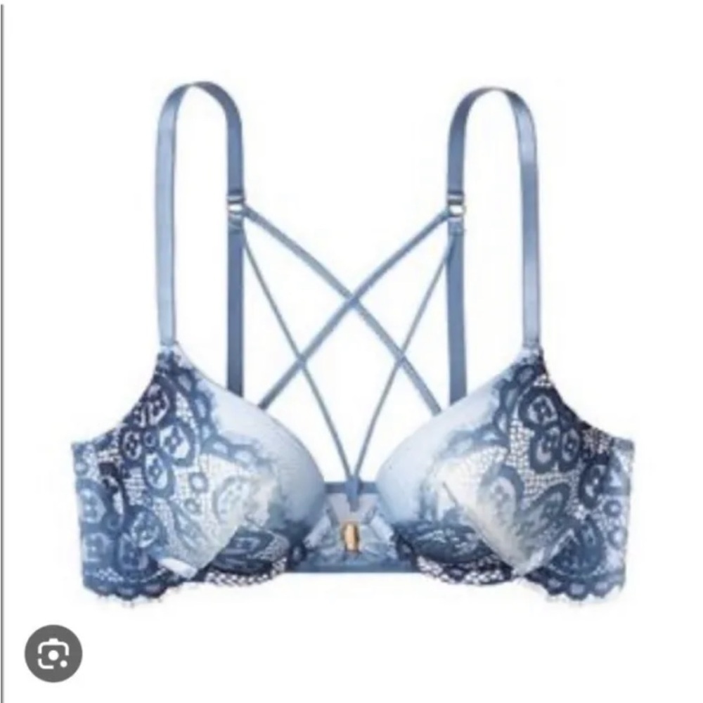 Victorias Secret PINK 32DD Very Sexy Push-up Bra Blue Floral LaceUp Front Close - Picture 2 of 6